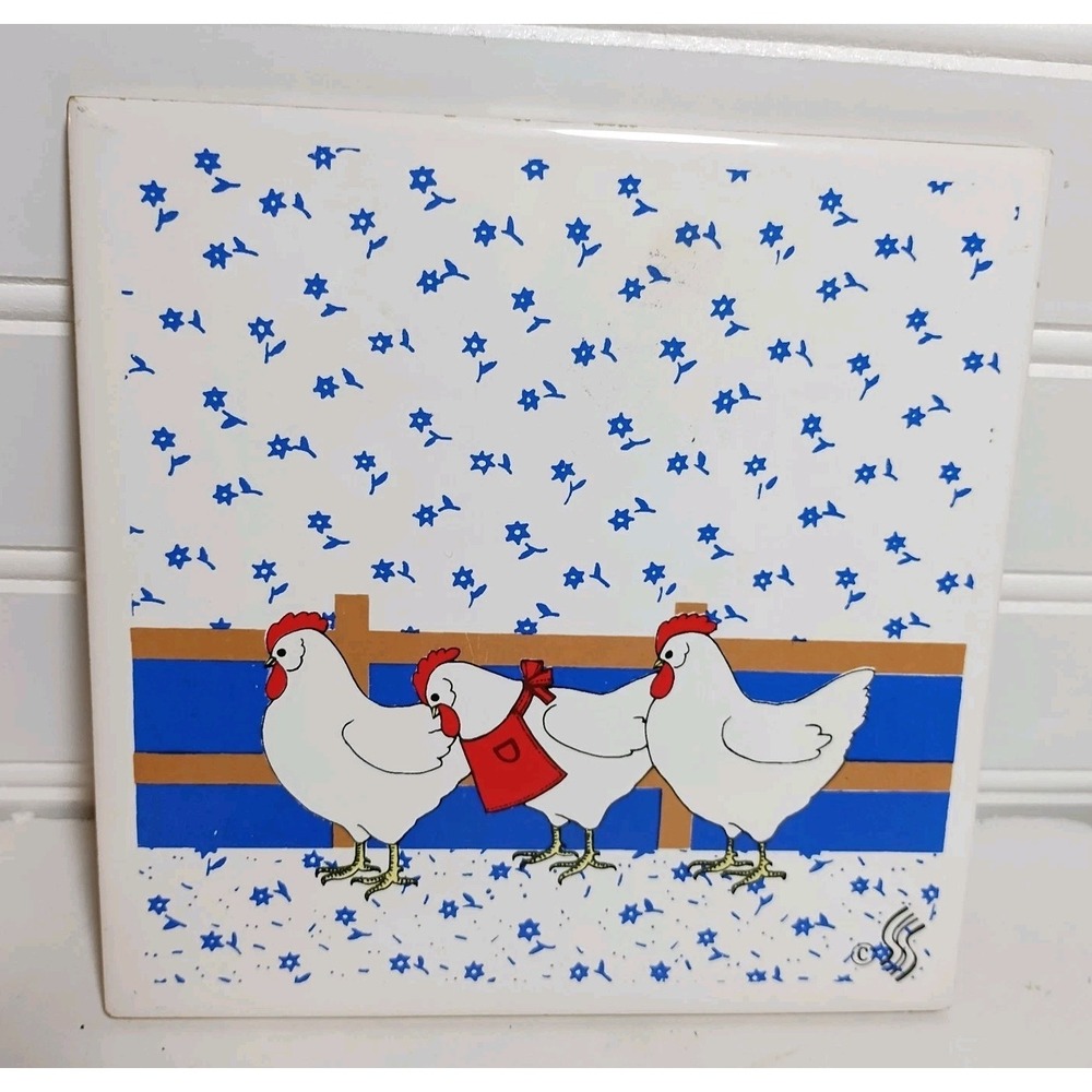 Rooster Chicken Tile Trivet Wall Decor Ceramic 6" x 6" Farmhouse Kitchen Blue